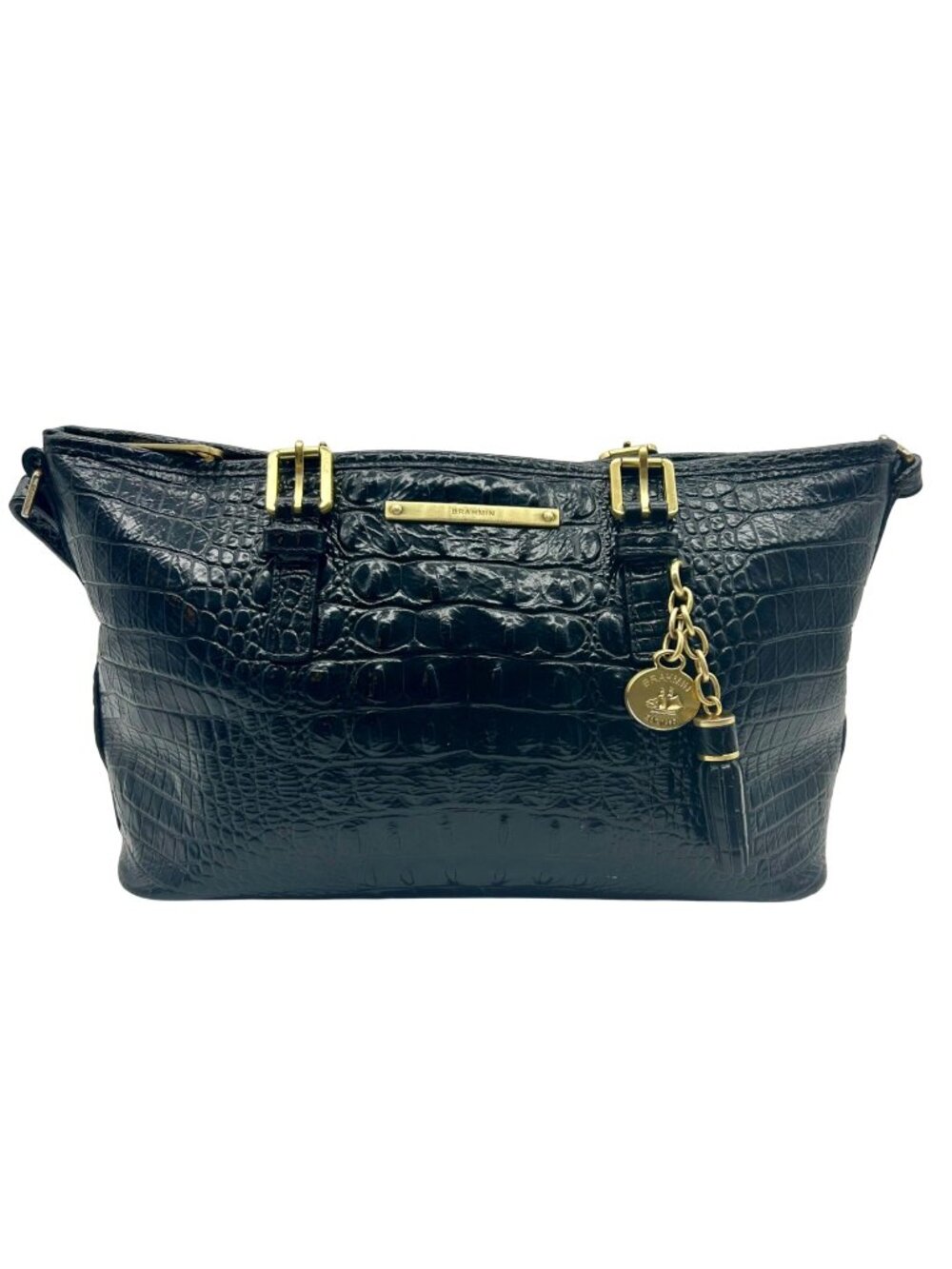Brahmin Black Croc-Embossed Leather Mini Asher Shoulder Bag